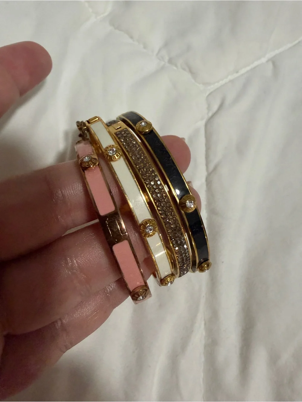 henri bendel Gold-Tone Stackable Bangle Set with Pink, White and Black Enamel